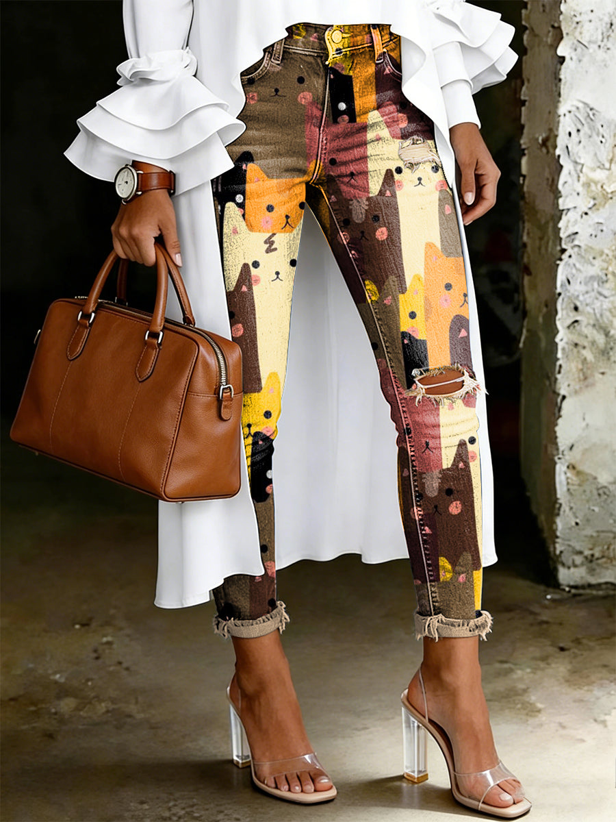 Women's Artistic Cat Print Jeans