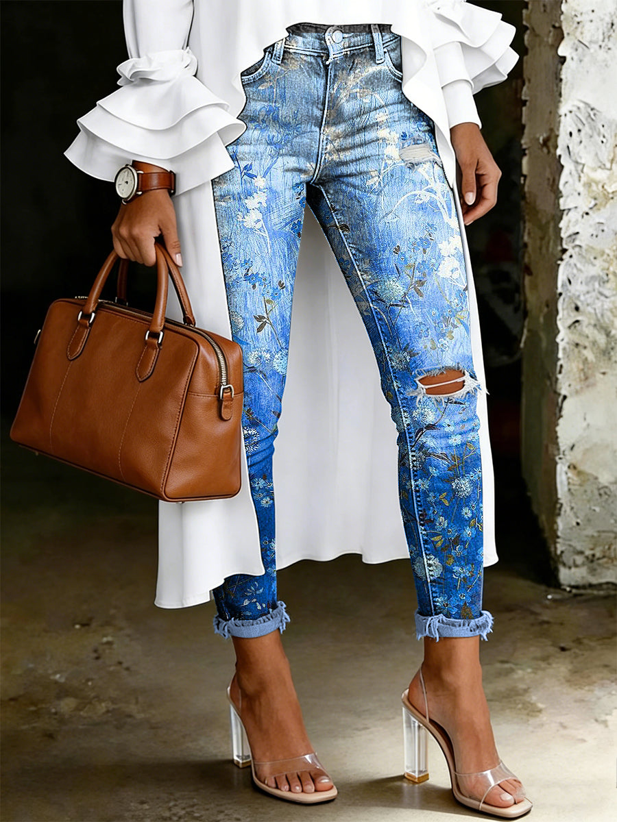 Women's Artistic Floral Print Jeans