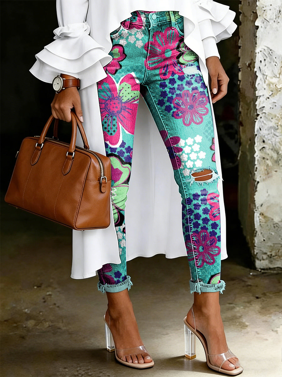 Women's Artistic Floral Print Jeans