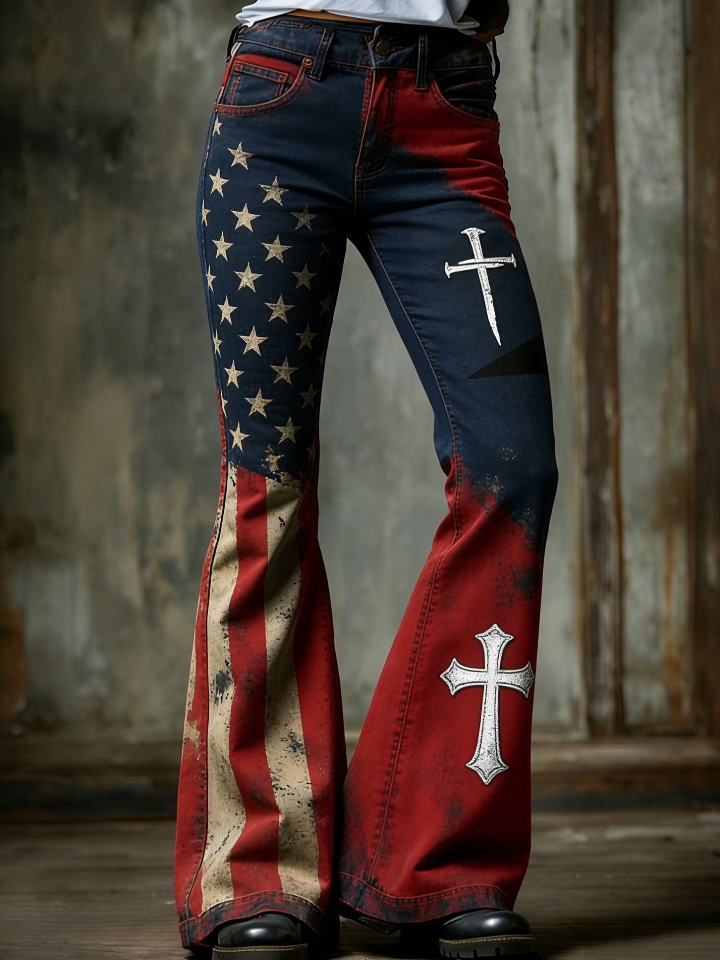 Women's  Retro American Faith Cross Art Print Flared Trousers