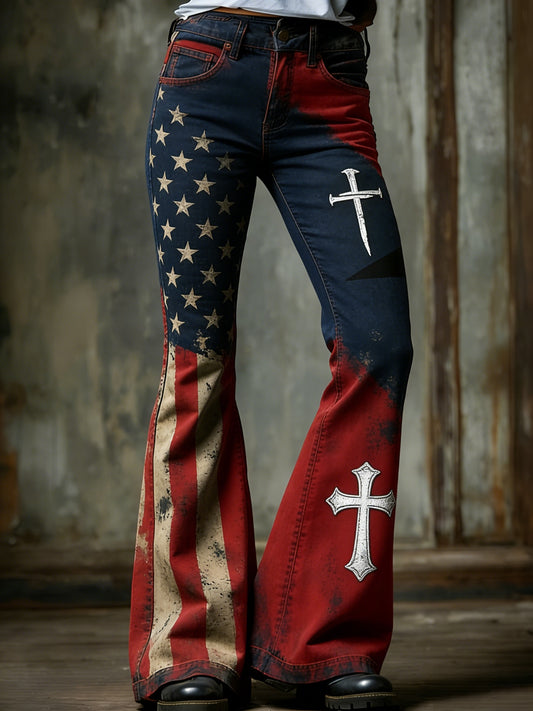 Women's  Retro American Faith Cross Art Print Flared Trousers