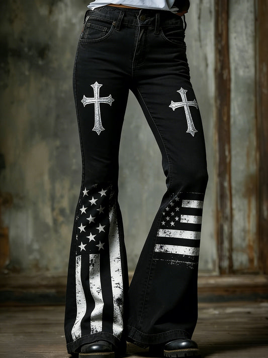 Women's  Retro Faith Cross Art Print Flared Trousers