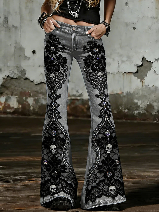 Women's Gothic Skull Art Print Flared Trousers