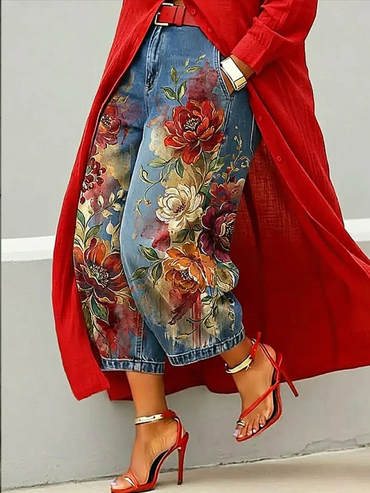 Women's Flower Art Print Trousers