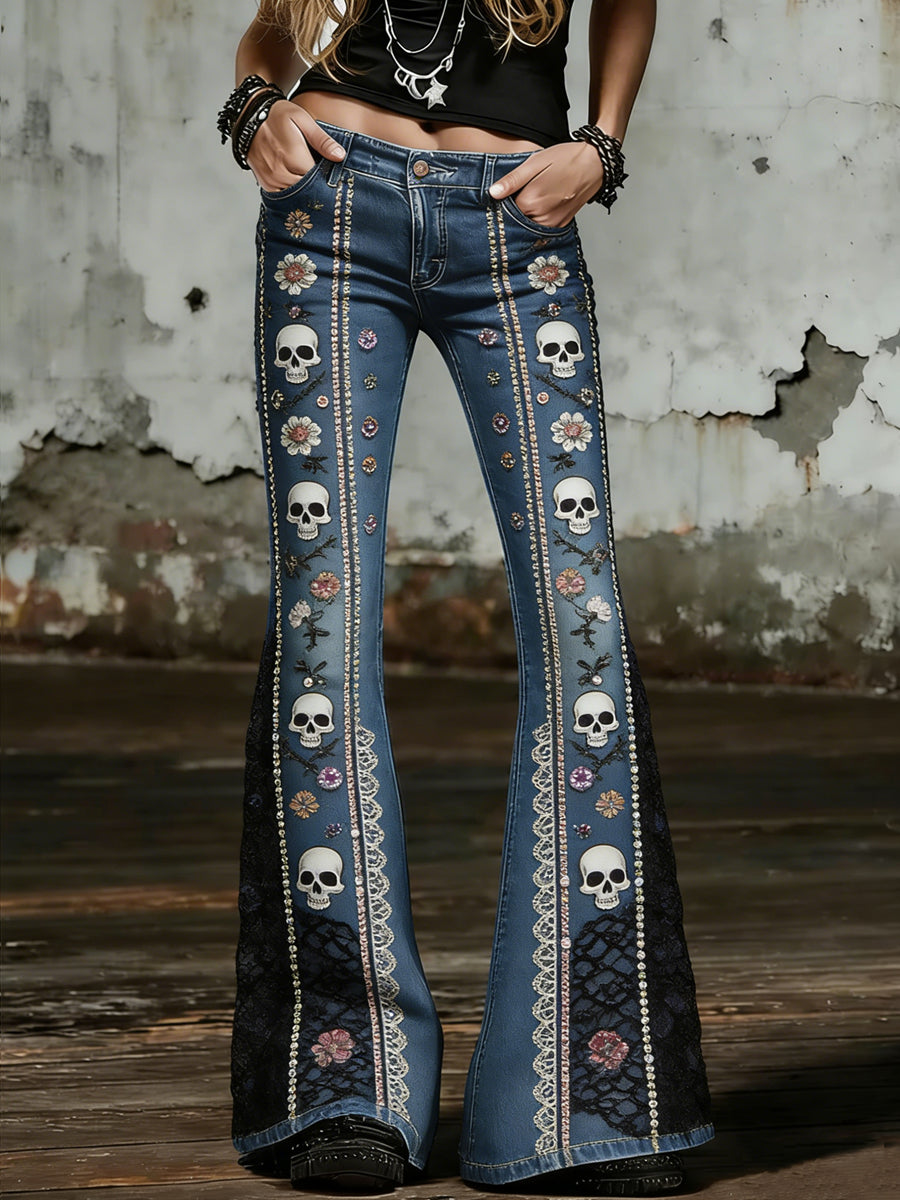Women's Gothic Skull Art Print Flared Trousers