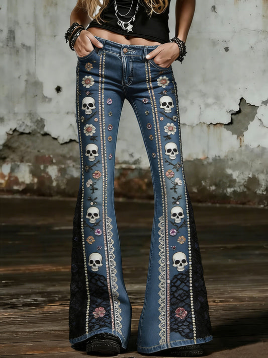 Women's Gothic Skull Art Print Flared Trousers