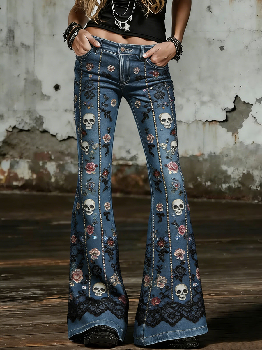 Women's Gothic Skull Art Print Flared Trousers