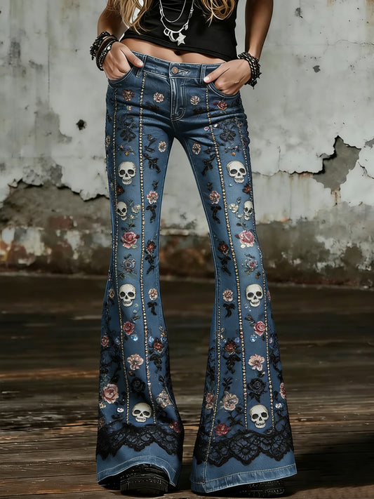 Women's Gothic Skull Art Print Flared Trousers