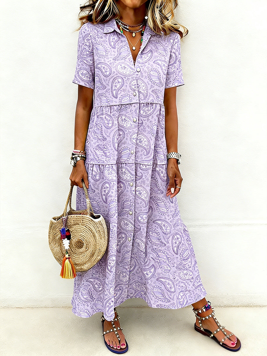 Women's Casual Elegant Paisely Print Short-Sleeve Long Shirt Dress