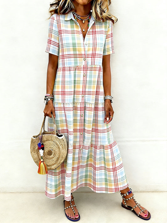Women's Casual Elegant Plaid Print Short-Sleeve Long Shirt Dress