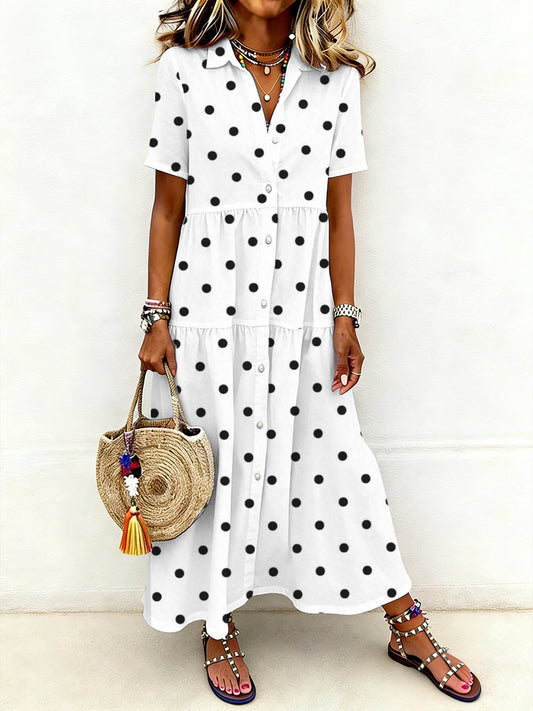 Women's Casual Elegant Polka Dot Print Short-Sleeve Long Shirt Dress