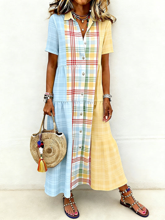 Women's Casual Elegant Colorblock Plaid Print Short-Sleeve Long Shirt Dress