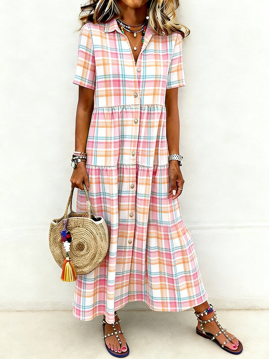 Women's Casual Elegant Plaid Print Short-Sleeve Long Shirt Dress