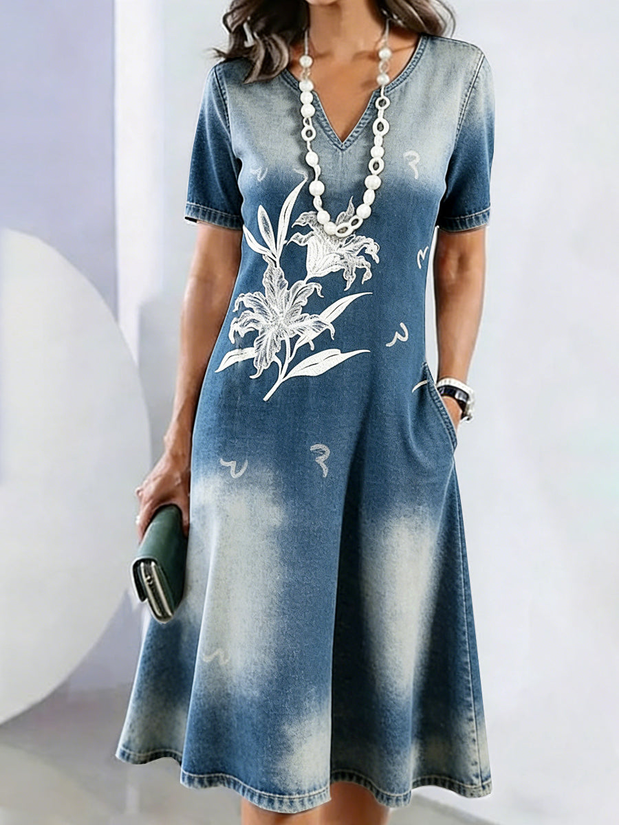Women’s Floral Denim-Print Mother’s Day Gift Fashion V-neck Dress
