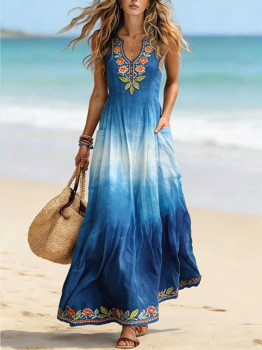 Women's Hawaiian-Print Tie-Dye Cotton-Linen Dress