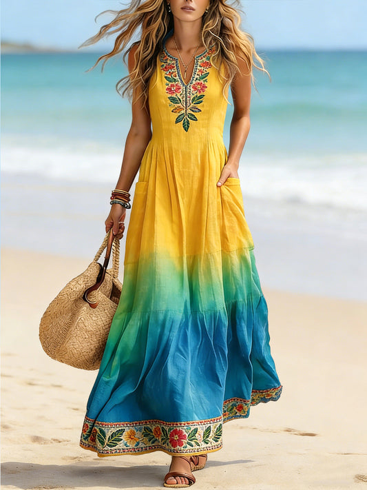 Women's Hawaiian Floral Gradient Cotton-Linen Dress