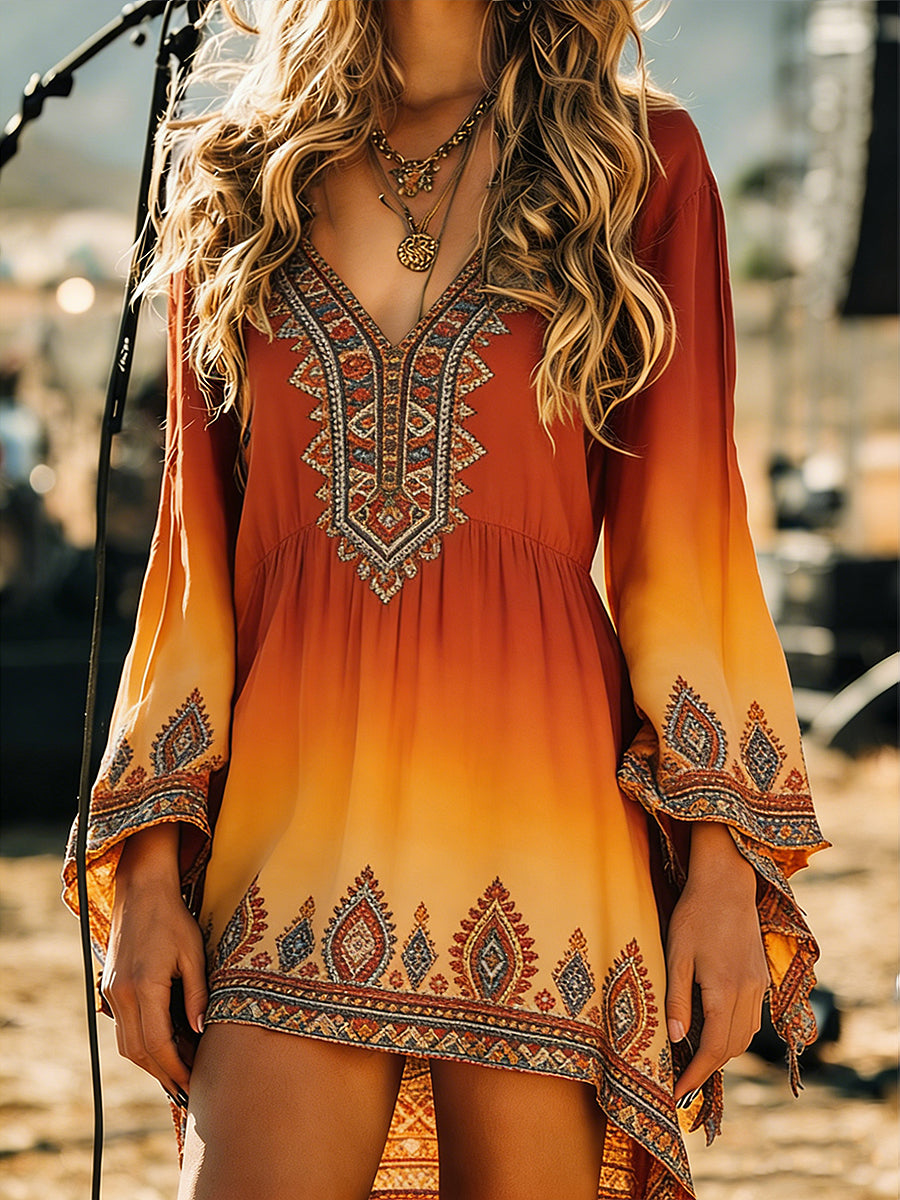 Women's Vintage Bohemia Art Print Long Sleeve Cotton Shirtdress
