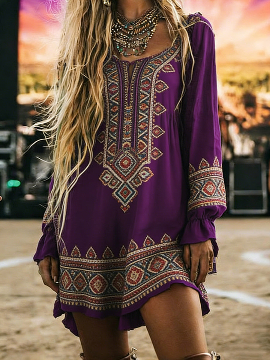 Women's Vintage Floral Art Print Long Sleeve Cotton Shirtdress