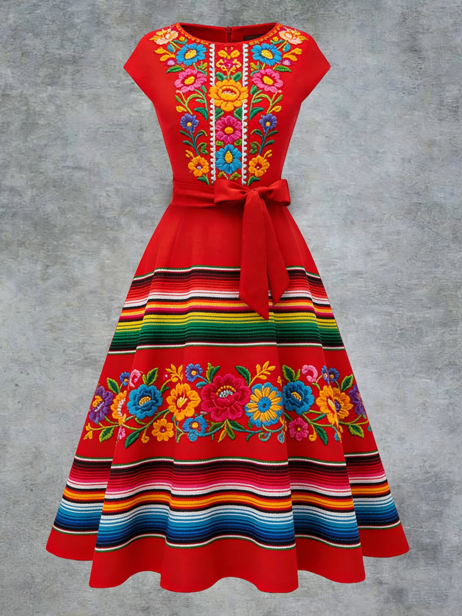 Women's Elegant Casual Mexican Flowers Art Printed Short Sleeve Dress