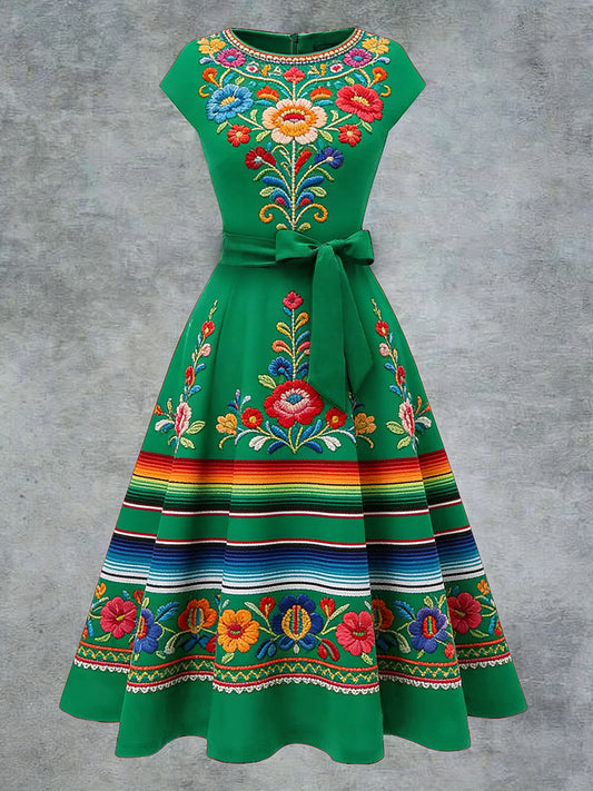 Women's Elegant Casual Mexican Flowers Art Printed Short Sleeve Dress