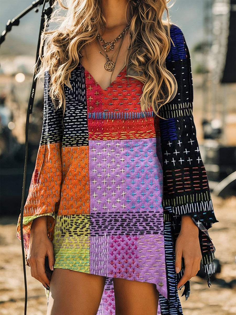 Women's Vintage Bohemia Art Print Long Sleeve Cotton Shirtdress