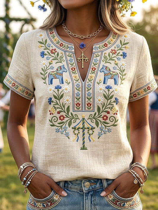 Women's Retro Swedish Midsummer Floral Casual V-Neck T-Shirt