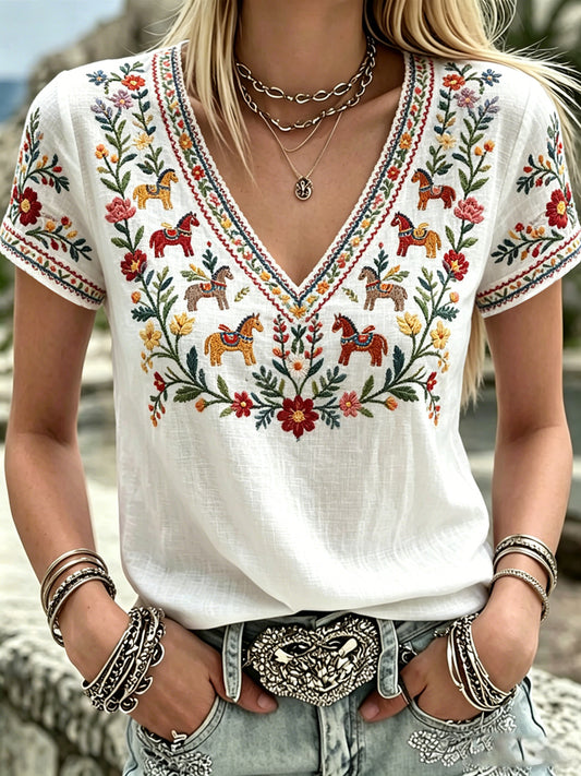 Women's Swedish Midsummer Print V-Neck Casual T-Shirt