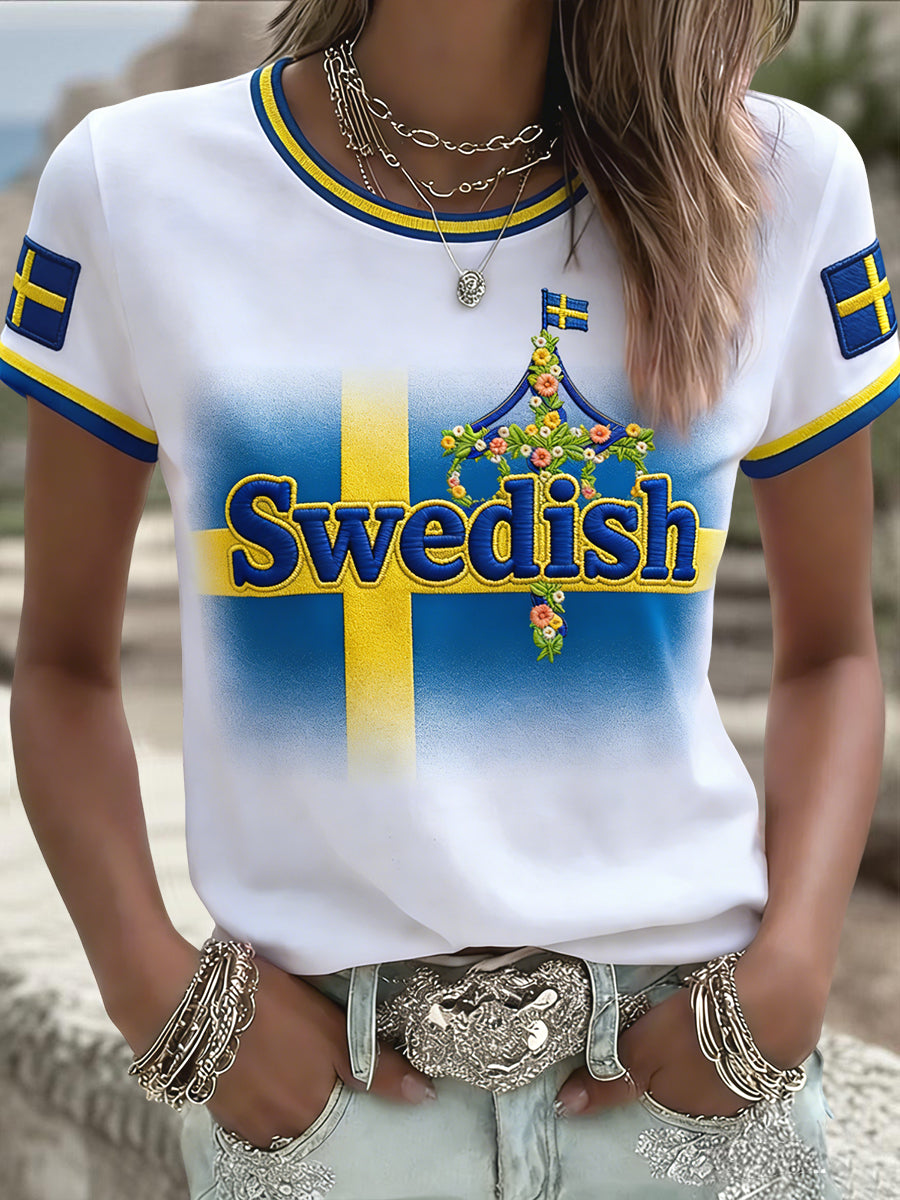 Women's Retro Swedish Midsummer Floral Patchwork Casual T-Shirt