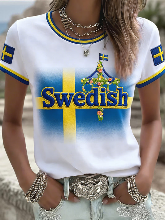 Women's Retro Swedish Midsummer Floral Patchwork Casual T-Shirt