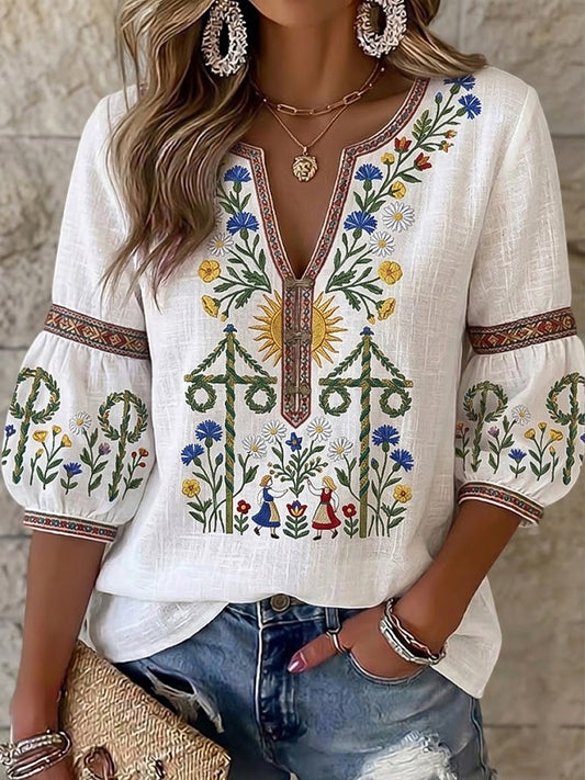 Women's Swedish Midsummer-Inspired Asymmetrical Casual V-Neck T-Shirt