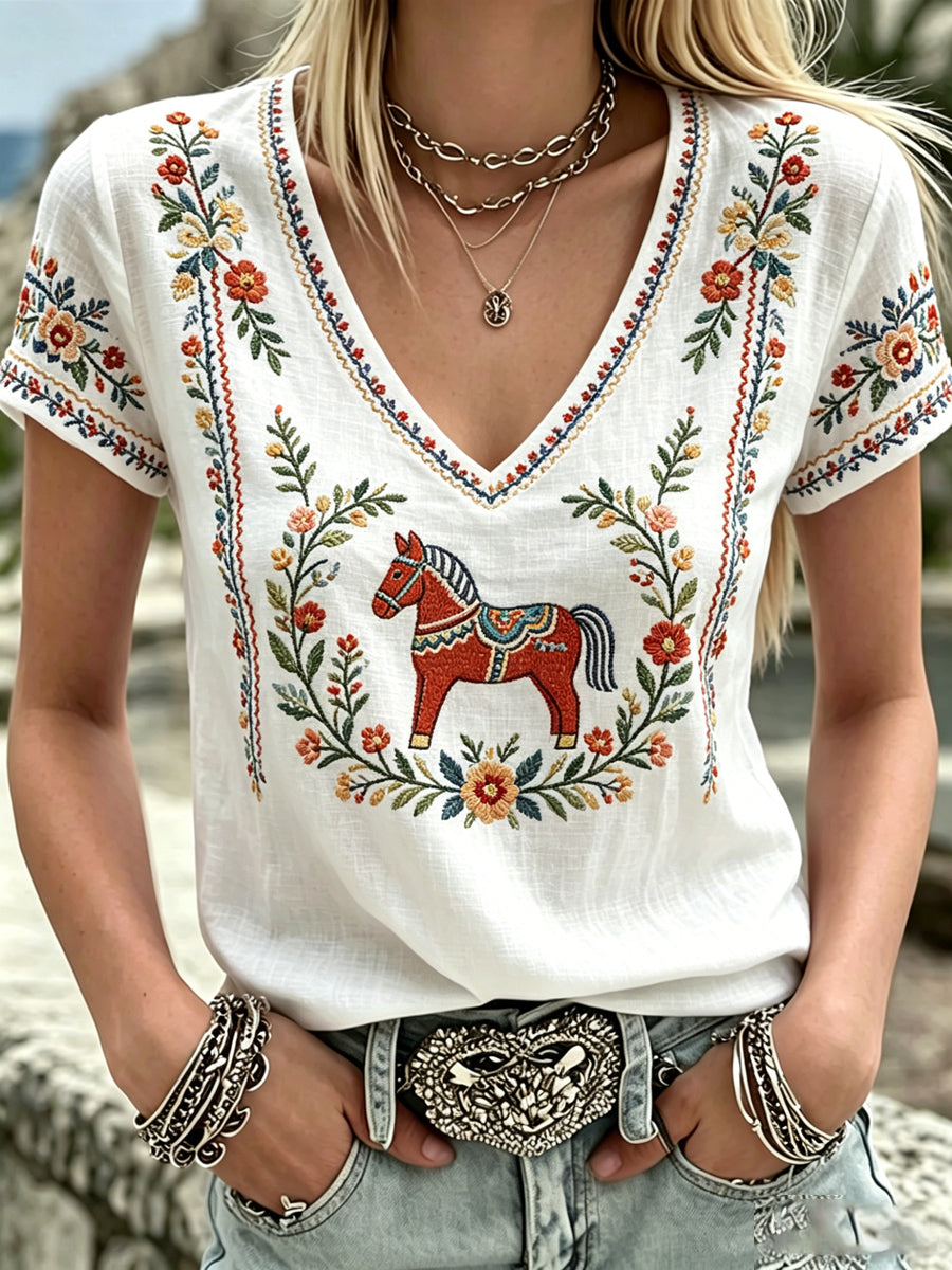 Women's Swedish Midsummer Print V-Neck Casual T-Shirt