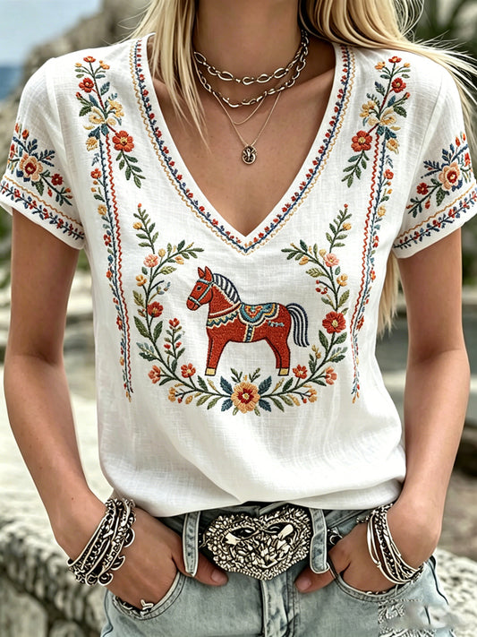Women's Swedish Midsummer Print V-Neck Casual T-Shirt