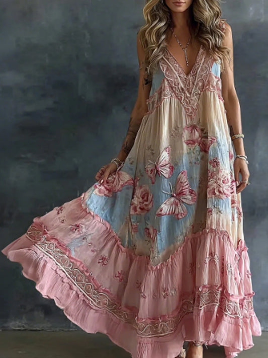 Women's Floral And Butterfly Art Print Flowy Linen Blend Casual Sleeveless Maxi Dress