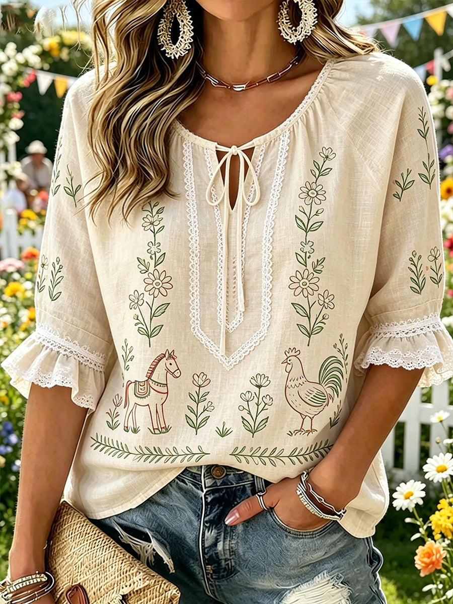 Women's Midsummer-Themed Print V-Neck Top