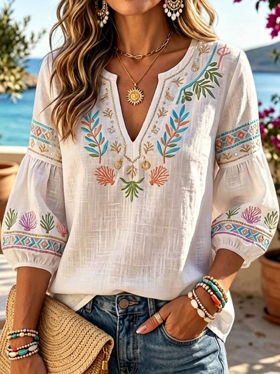 Women's Hawaiian-Style Artistic Shell and Floral Casual V-Neck Top