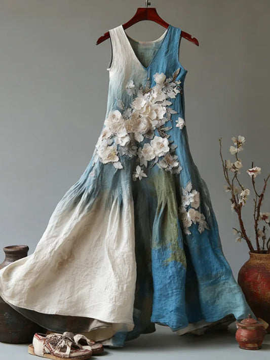 Women's Vintage Japanese Floral Art Gradient Casual Linen Sleeveless Dress