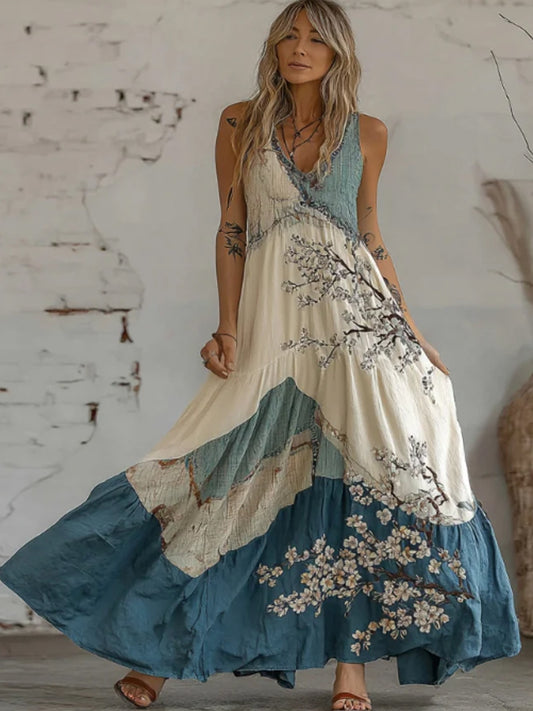 Women's Cherry Blossoms Art Linen Maxi Dress