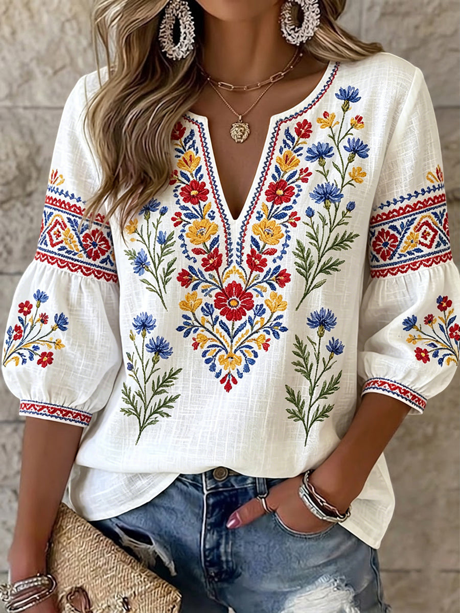 Women's Retro Swedish Midsummer Floral Art V-Neck Top