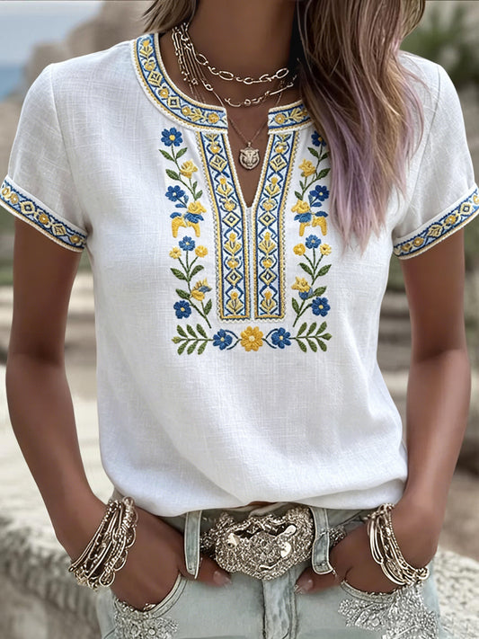 Women's Retro Swedish Midsummer Floral V-Neck T-Shirt