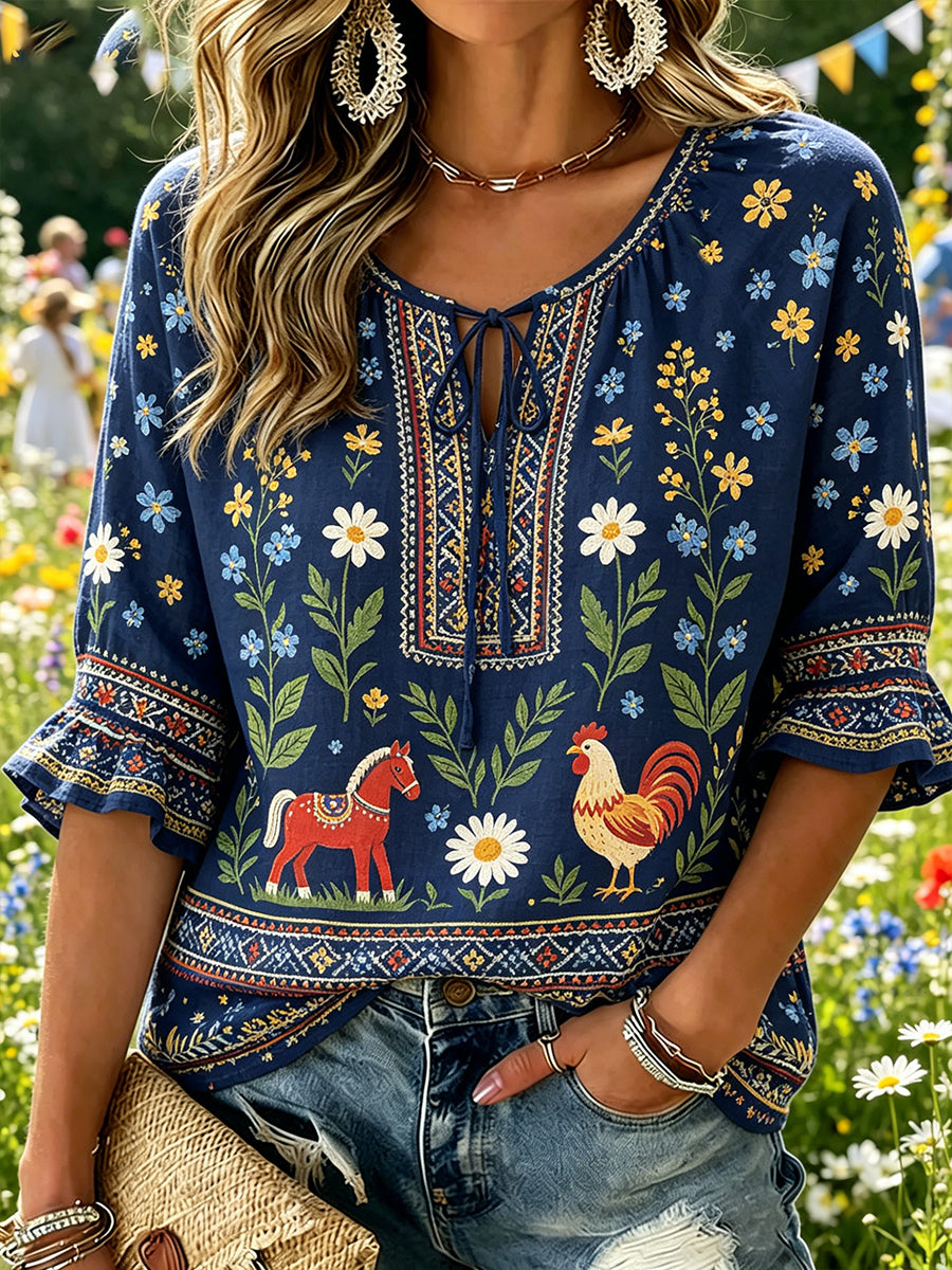 Women's Midsummer-Themed Print V-Neck Top