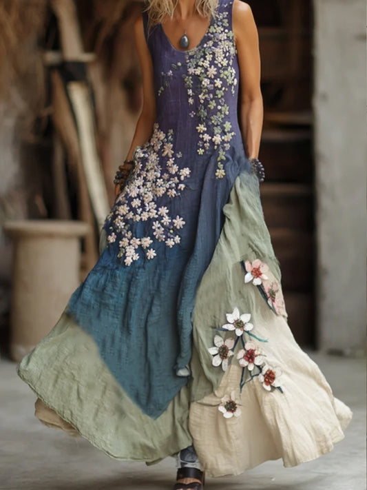 Women's Classy Gradient Japanese Sakura Cherry Blossoms Embroidered Pattern Linen Round Neck Long Dress