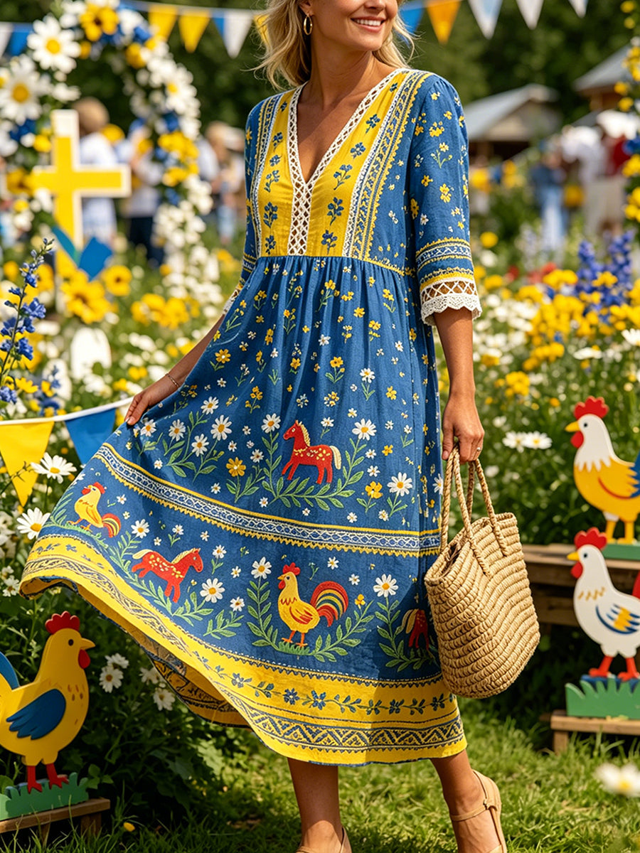 Women's Casual Dress With Midsummer Festival-Themed Print