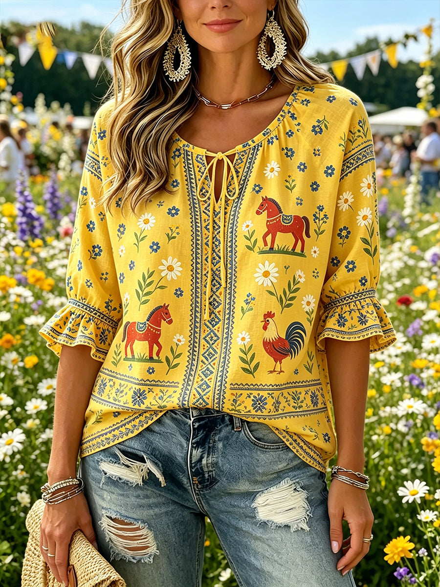 Women's Midsummer-Themed Print V-Neck Top