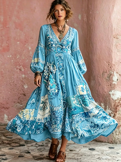 Women's Bohemian Floral Embroidery Art V-Neck  Short Sleeve Midi Dress