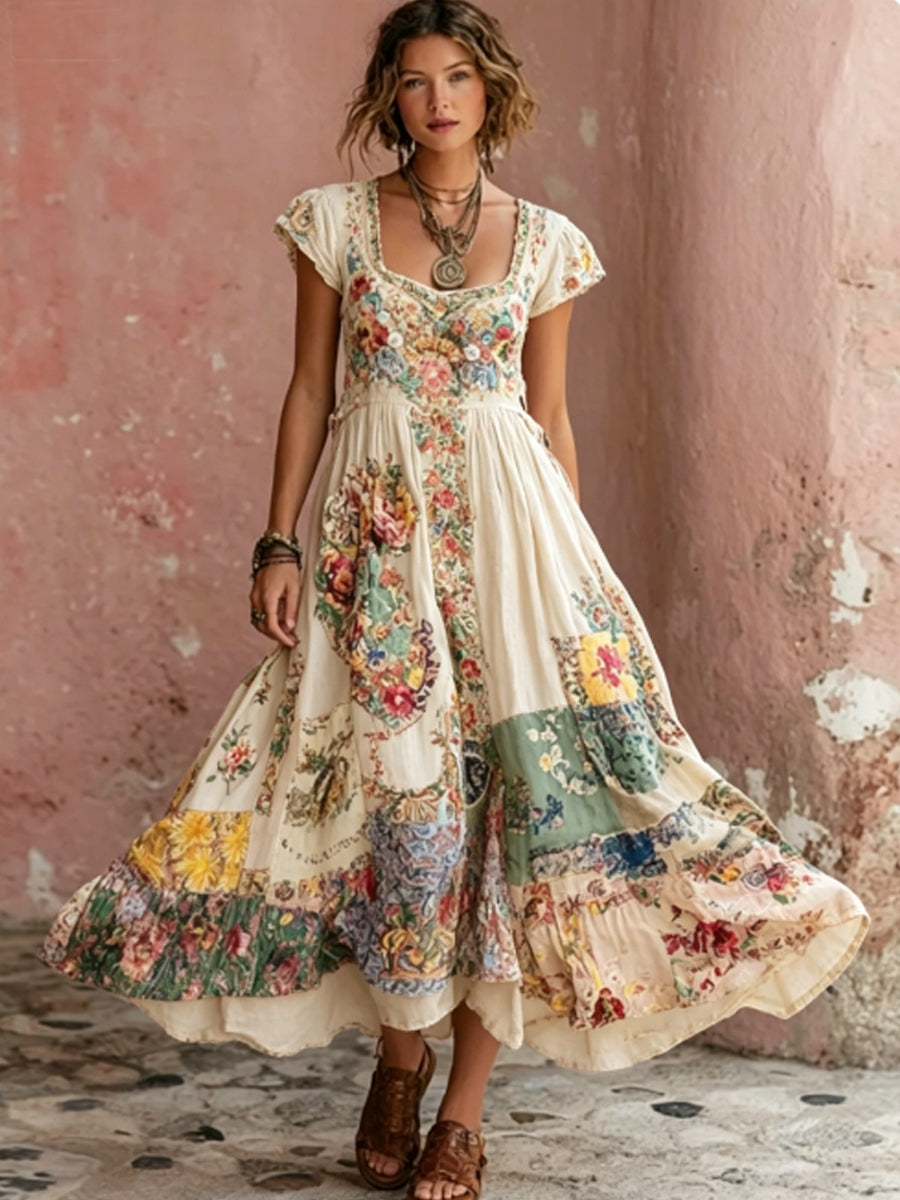 Women's Bohemian Floral Embroidery Art Round Neck Short Sleeve Midi Dress