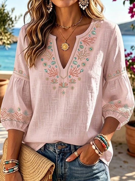 Women's Hawaiian-Style Ocean Coral Casual V-Neck Top