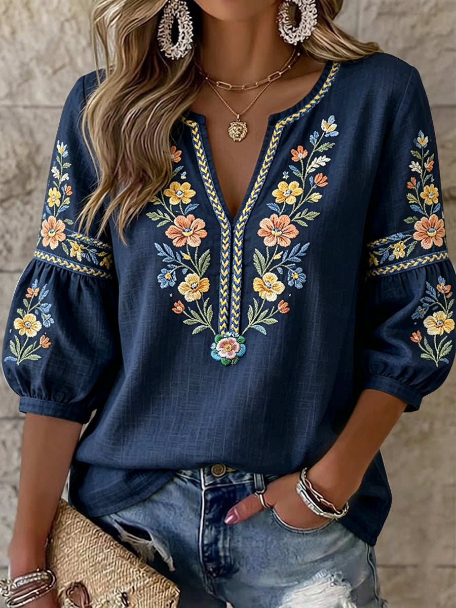 Women's Vintage Swedish Midsummer Ethnic Floral Art V-Neck Top