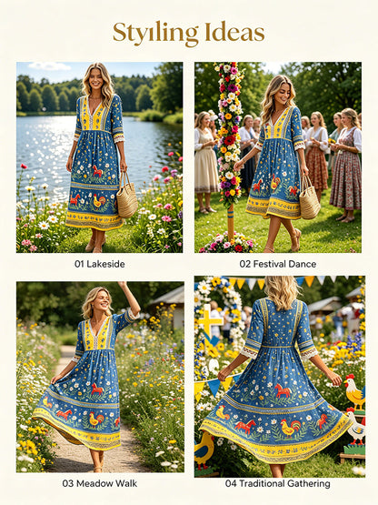 Women's Casual Dress With Midsummer Festival-Themed Print