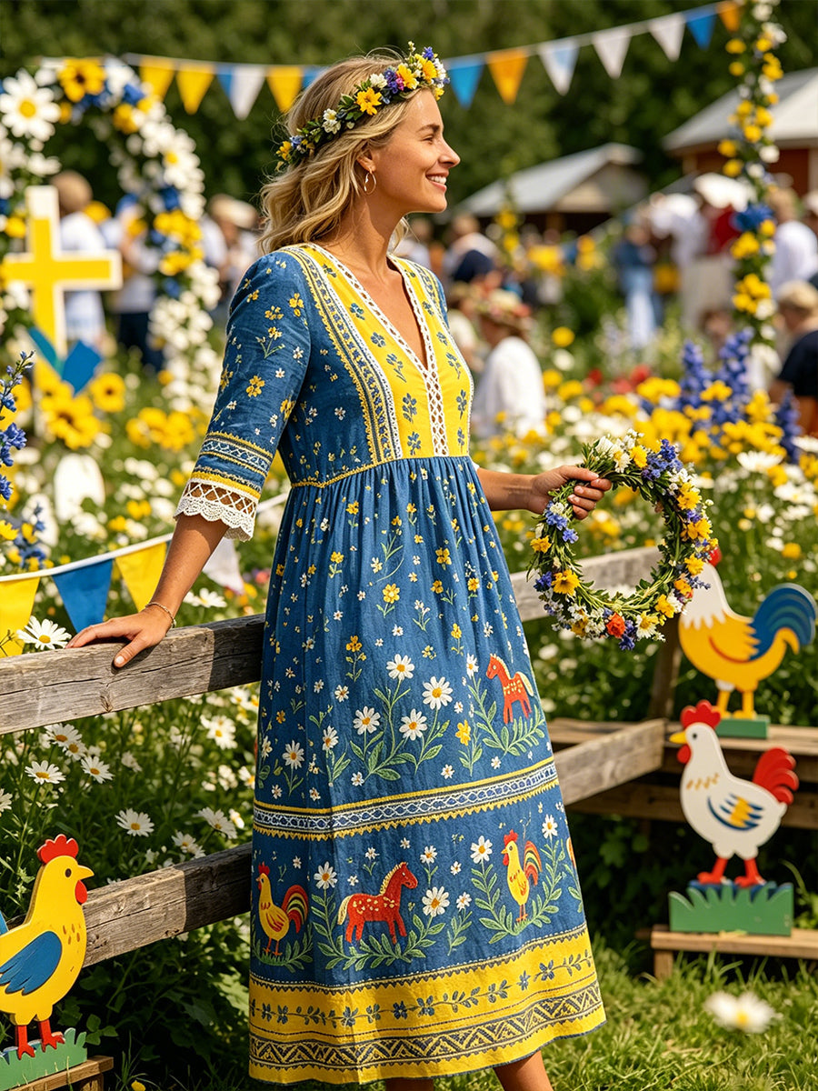Women's Casual Dress With Midsummer Festival-Themed Print