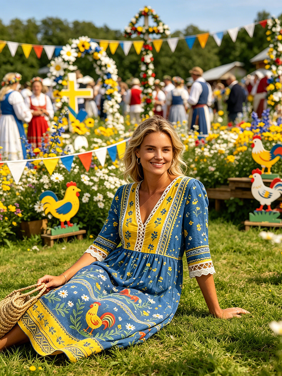 Women's Casual Dress With Midsummer Festival-Themed Print